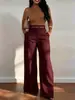 Pantalones retro europeos y americanos de pierna ancha con grandes bolsillos de parche, de cintura alta, hechos de tela de traje con efecto de caída, corte holgado, favorecedores de la figura, rectos hasta el suelo