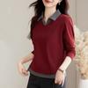 Camiseta de Manga Larga Falsa de Dos Piezas con Cuello Polo para Mujer Primavera y Otoño Nuevo Estilo Caliente de Otoño Parte Superior Adelgazante que Reduce la Edad con Camiseta Interior