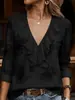 Atravessando Fronteiras Amazon Roupas Femininas Europeias e Americanas Novo Manga Longa Decote V Franzido Cor Sólida Elegante Slim-Fit Versátil Top