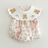 Mono de Bebé Niña con Estampado de Oso y Solapa Bordada Romper de Verano Dulce Versátil de Manga Corta para Bebé