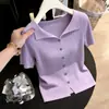 Blusa de tricô fina de manga curta com gola de lapela, luxo leve para mulheres, nova coleção de verão 2026, peça versátil e única de nicho