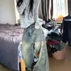 Calça Jeans Lavada Desgastada com Barra Desfiada Estilo Americano para Mulheres, Primavera e Outono High Street Reta Solta Emagrecedora Wide-Leg com Caimento Comprida Tendência