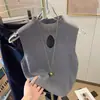 Top sin mangas Principios de otoño Cuello medio alto Corto Calado Tejido Chaleco Vintage Nuevo 2023 Mujer Ajustado Color liso