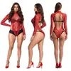 Lencería sexy transfronteriza de Temu, body sexy de malla de manga larga, bikini transparente con espalda descubierta y huecos, conjunto de tres piezas de malla en stock