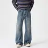 Jeans masculino de alta qualidade com bigodes e detalhes franzidos, levemente flare, estilo outono com vibe americana, calça wide leg vintage desgastada