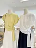 Verano Nuevo Estilo Coreano Nicho Estilo Perezoso Con Cordones en la Cintura Holgado Aspecto Adelgazante Cuello Redondo Manga Corta Camiseta Top de Hombro Derecho para Mujer