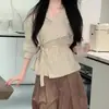 Conjunto Elegante de Ropa Primavera y Otoño 2026: Camisa de Manga Larga a Rayas con Tirantes de Corbata para el Trabajo y Pantalones de Pierna Ancha de Cintura Alta