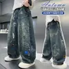 Jeans rectos holgados de pierna ancha para hombre, estilo casual americano, lavados, vintage, con graffiti pintado a mano, para primavera y otoño, de alta calle