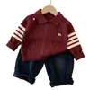 Camisa POLO Infantil Meninos Suéter Retrô de Tricô Trançado Outono Inverno Novo Estilo College Meninas Bebês Top de Tricô Listrado