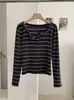 KEKEZOON Gola Meio Aberta Cor Contrastante Gola Henley Manga Longa Listrada Camiseta Outono Inicial Novo Slim Fit Top 8864