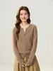2025 Novo Cardigã Slim de Tricô de Caxemira com Zíper Feminino Gola Redonda Temperamento Manga Raglan Elegante Manga Longa Roupa Exterior