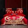 Juego de Cuatro Piezas para Boda de Dragón Rojo y Fénix Bordado de Algodón Habitación de Boda Ropa de Cama de Boda Colcha Festiva Sábanas