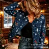 Nueva chaqueta vaquera corta de algodón puro Navidad otoño e invierno estampado 3D personalidad moderna top ajustado para mujer