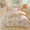 Juego de Ropa de Cama de Algodón con Dibujos de Sábila Fresco y Amigable con la Piel de Cuatro Piezas para Dormitorio de Estudiante Juego de Sábana Individual y Funda de Edredón de Tres Piezas