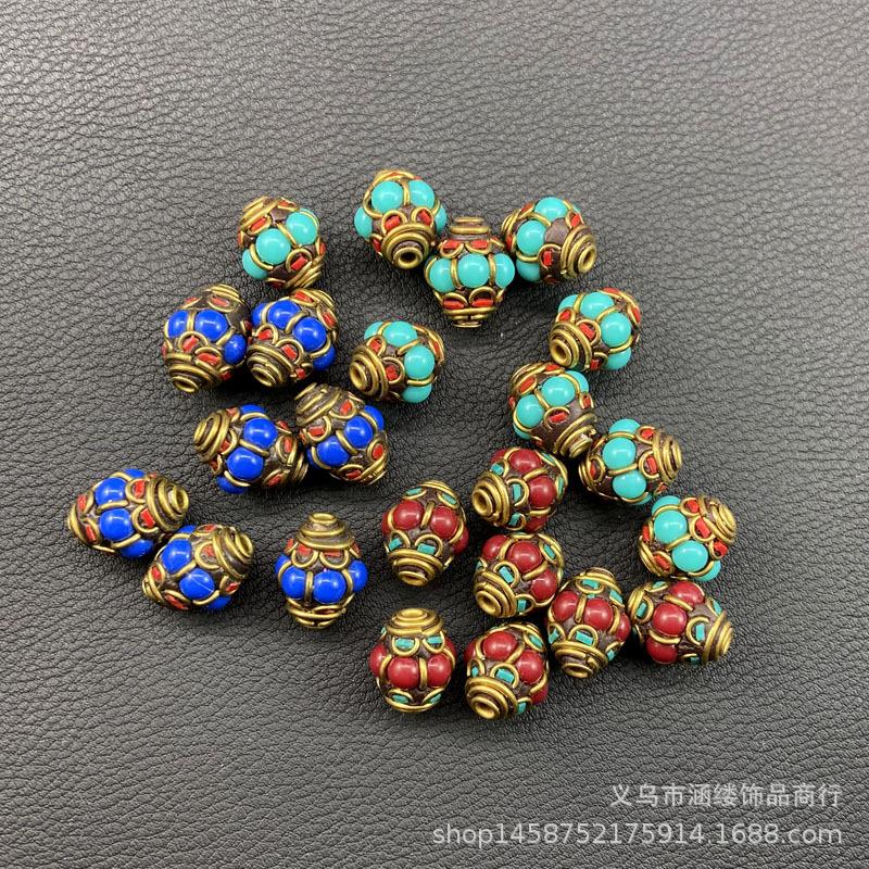 DIY饰品配件批发尼泊尔灯笼铜珠手工镶嵌蓝绿红松石藏饰隔珠散