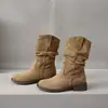 Bota moderna de tacón grueso Maillard fruncida hasta media pantorrilla para mujer, nuevas botas de motociclista versátiles de tacón medio para otoño 2026