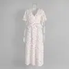 Vestido Floral Transfronterizo de Cuello en V Europeo y Americano Nuevo Verano 2025 Estampado con Cintura Ajustada Largo con Mangas Abullonadas para Mujer