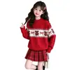 Conjunto de Suéter para Niña Otoño Invierno Rojo Oso Navideño Tejido Jacquard Lindo Moño Año Nuevo Elegante Conjunto de Dos Piezas