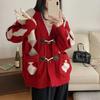 Jaqueta Cardigan Vintage Estilo Floresta com Botão de Chifre Cor Contrastante Padrão Diamante Cobre o Quadril Casual Estiloso Solto Versátil Top de Tricô