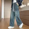 Foto Real de Jeans de Calle Americanos Desgastados con Cordón y Cintura Elástica para Hombres y Mujeres, Pantalones Anchos Holgados de Marca de Moda, Pantalones Largos Estilo Universitario