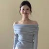 Top de Punto de Manga Larga Ajustado Hombros Descubiertos para Mujer, Nuevo Estilo Otoño, Ceñido a la Cintura, Adelgazante, Estilo Chica Caliente