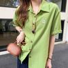 Tiro Real # Chaqueta Camisa de Manga Corta Bordada con Cuello Polo para Mujer Verano 2025 Nueva Holgada Aspecto Adelgazante Top