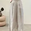 Pantalones casuales de algodón y lino, artísticos y versátiles, pantalones anchos de algodón y lino con bordado hueco retro para mujer, pantalones rectos holgados de verano, modernos