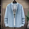 Camisas de Mezclilla de Color Puro Estilo Japonés Ultradelgadas de Manga Larga para Hombres y Mujeres en Moda de Primavera y Otoño, Camisas y Chaquetas Casuales Sueltas Simples
