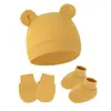 Estilo Comércio Exterior Chapéu Pulôver Liso para Bebê com Orelhas Conjunto de 3 Peças de Chapéu Luvas Botinhas para Recém-Nascido 0-6 Meses