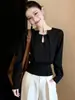 Camisa Básica Preta Vazada Falsa de Duas Peças com Manga Longa para Mulheres, Novo Estilo Outono, Slim-Fit, Versátil, Elegante Top A13691