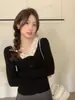 Suéter tejido Andi de terciopelo y encaje con cuello en V y manga larga para mujer, camisa básica elegante de otoño e invierno ajustada