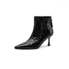 Botines de tacón de aguja con punta de cuero genuino para mujer con cremallera trasera, botas de moda, botines cortos para mujer