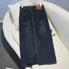 Falda vaquera de tiro alto para mujer, nuevo diseño de otoño con abertura, adelgazante y favorecedora, falda bodycon de longitud media en línea A