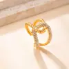Joias de Aço Titânio Mais Vendidas Transfronteiriças, Design de Anel Aberto com Diamantes Microcravejados Cruzados por Pressão de Óleo, Anel de Aço Inoxidável Banhado a Ouro 18K