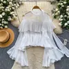 Blusa de gasa con volantes suave estilo francés para mujer, camisa rosa de manga larga para el verano, top elegante protector solar