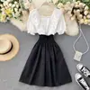 Vestido serie primer amor francés 2020 nuevo verano dulce volantes ajustado corto combinación de colores falda línea A