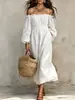 Nuevo Otoño 2026 Vestido Largo de Algodón y Lino con Hombros Descubiertos Fruncido Estilo Europeo y Americano, Vestido Holgado Estilo Vacaciones, Venta al por Mayor
