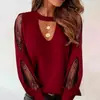 Moda Europeia e Americana Transfronteiriça 2025 Gola Redonda com Recorte em Renda Elegante Suéter Manga Longa Camisa Feminina