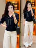 Top Casual de Encaje Adelgazante con Cordones para Mujer 2025 Otoño Nuevo Estilo Coreano Elegante Reductor de Edad Tejido de Punto de Manga Larga