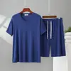 Conjunto Casual de Duas Peças para Homem, Gola V, Manga Curta, Calça de Cinco Pontos, Tamanho Grande Vestível, Verão, Modal Fino, Roupa para Casa