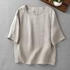 Camiseta Casual de Color Puro de Manga Corta Nativa 2025 Top Literario Retro Bordado Cuello Redondo Nuevo Top de Verano para Mujer