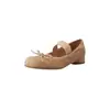 Totalmente de piel por dentro y por fuera~ Punta redonda, lindo estilo plisado, zapatos de tacón bajo de un solo color con lazo, zapatos de mujer estilo coreano de gamuza para otoño 2026