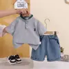 Traje de niño Estilo Western de Verano 2025 Ropa de Verano Delgada Nueva Ropa de Bebé Lel Color Sólido Manga Corta Ropa Moderna para Niños