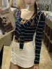 En Stock Serie Náutica Suéter de Punto Rayado Falso Dos Piezas para Mujer, Principios de Primavera, Azul Marino, Manga Larga, Top con Cuello de Marinero