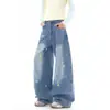Pantalones retro de pierna ancha con estampado de estrellas coloridas y pierna curva para mujer, holgados, adelgazantes, estilo 'hot girl', cintura alta, jeans con bordado, muestran piernas largas
