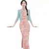 Vestido estampado sin mangas moderno y elegante + cárdigan de color liso 2026 nuevo conjunto de dos piezas cheongsam mejorado estilo chino