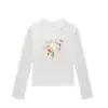 Camiseta branca de gola redonda, ombro normal, manga longa para mulheres, novo estilo primavera e outono, com estampa floral de desenho animado, top versátil e estiloso