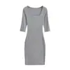 Vestido de punto ajustado estilo francés con cuello cuadrado y manga media para mujer, cintura ceñida para estilizar, resalta la figura y el temperamento, largo midi