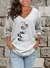2026 Nueva Camiseta de Manga Larga con Cuello en V Estampado 3D de Gato Estilo Europeo y Americano para Mujer, Top Casual de Moda para Primavera y Otoño