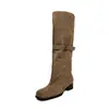 Botas de Cavaleiro de Couro Femininas Cano Alto Longas Outono e Inverno Novo Estilo Bico Quadrado Fivela Salto Médio Grosso Não Acima do Joelho Botas Cano Reto Femininas